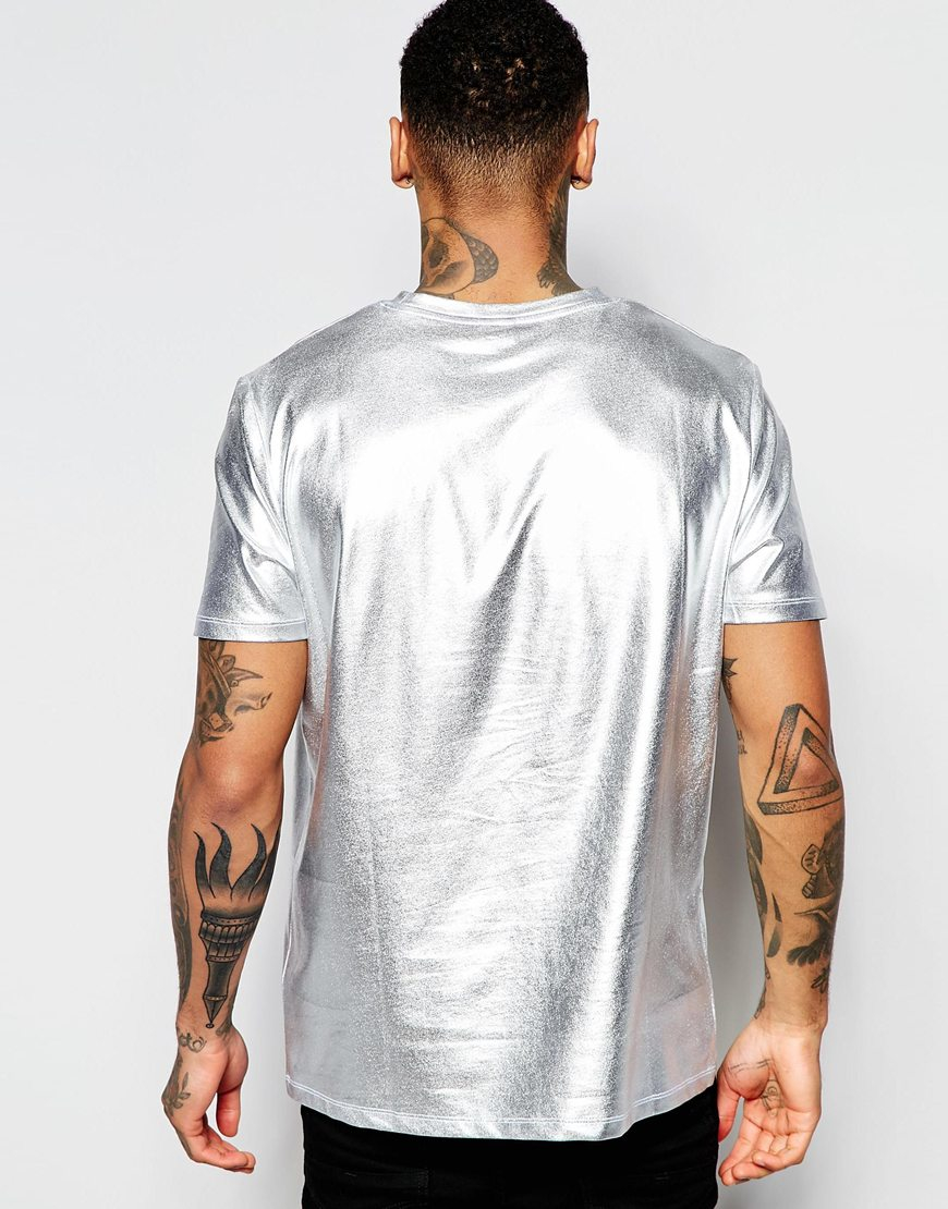 ASOS T-shirt In Metallic Silver for Men | Lyst