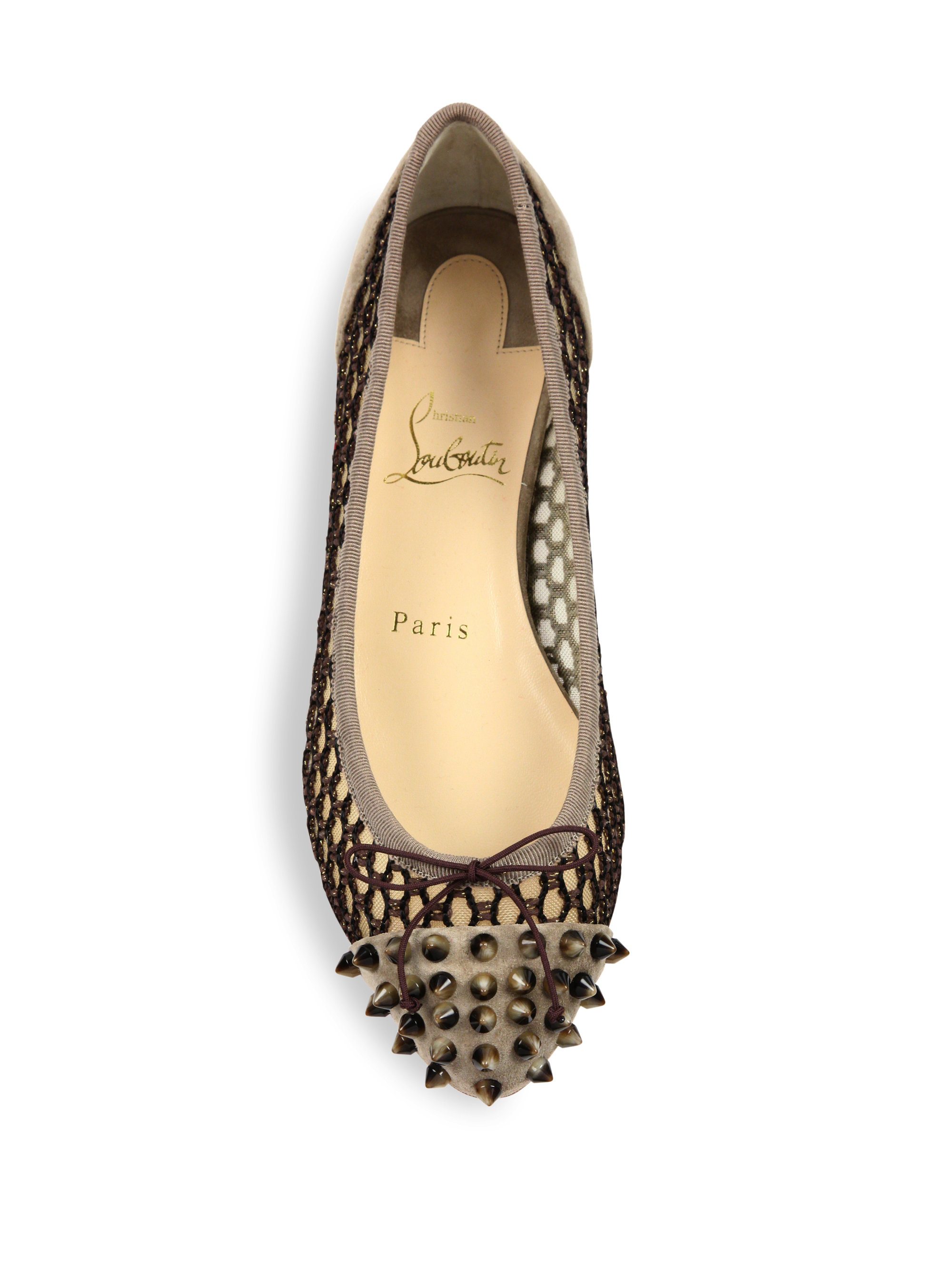 Christian louboutin Mix Spiked Suede \u0026amp; Knotted Mesh Flats in Beige ...