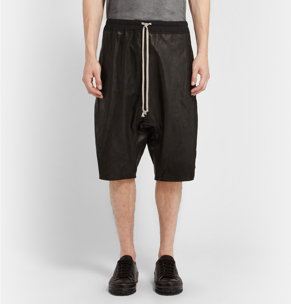 Rick Owens Drop Crotch Leather Shorts in Black for Men - Lyst