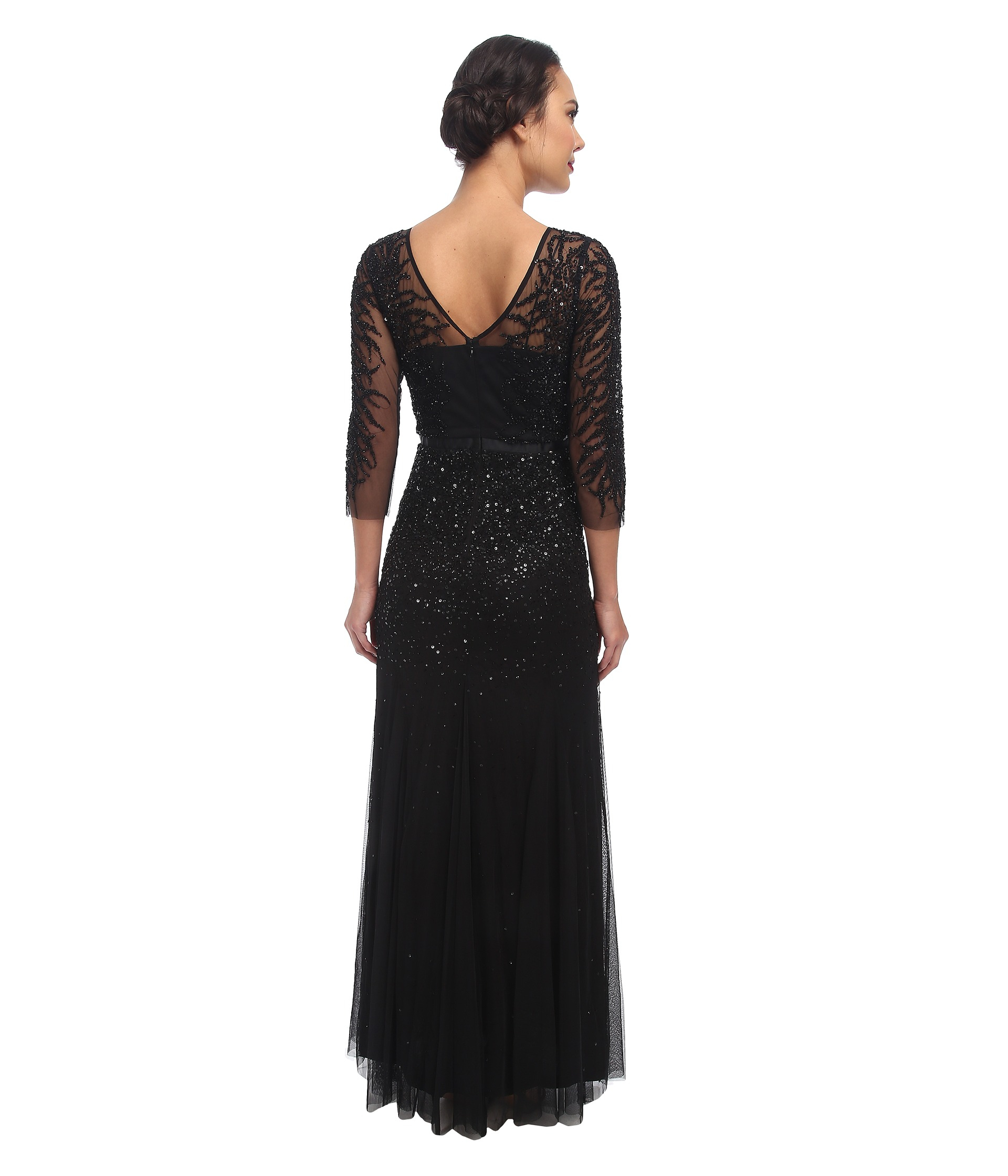 Adrianna Papell Long Sleeve Beaded Gown in Black | Lyst