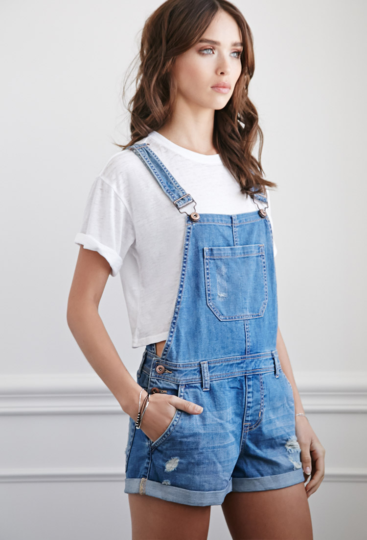 Forever 21 Distressed Denim Overall Shorts in Blue | Lyst