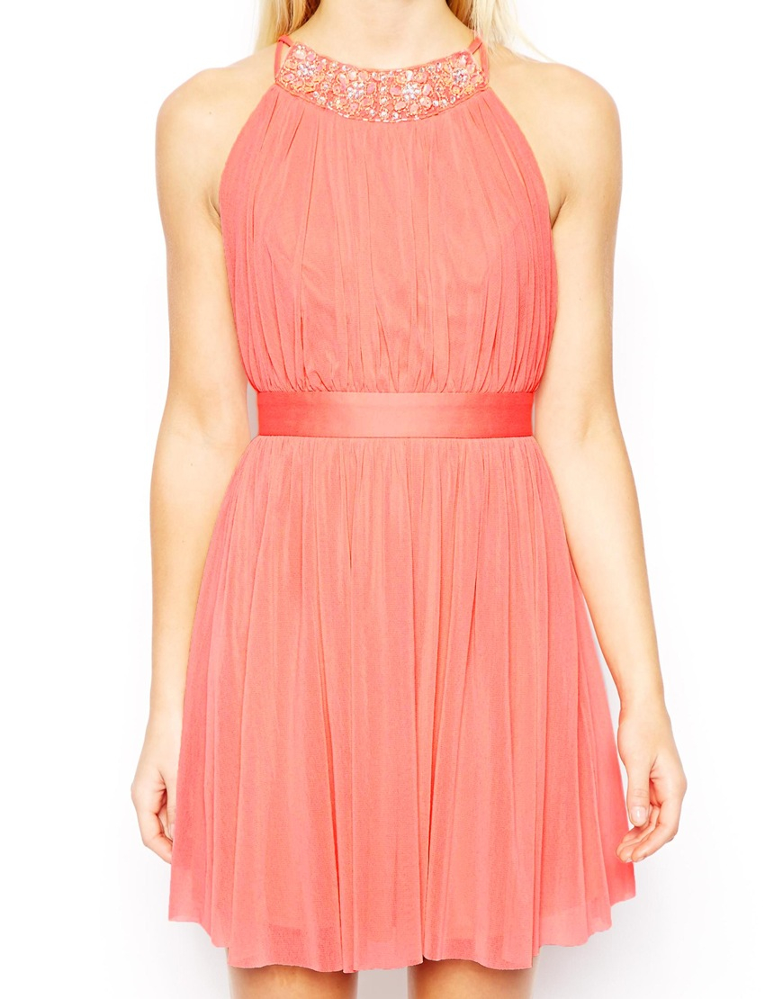 ASOS Synthetic Exclusive Embellished Strappy Back Halter Dress in Coral ...