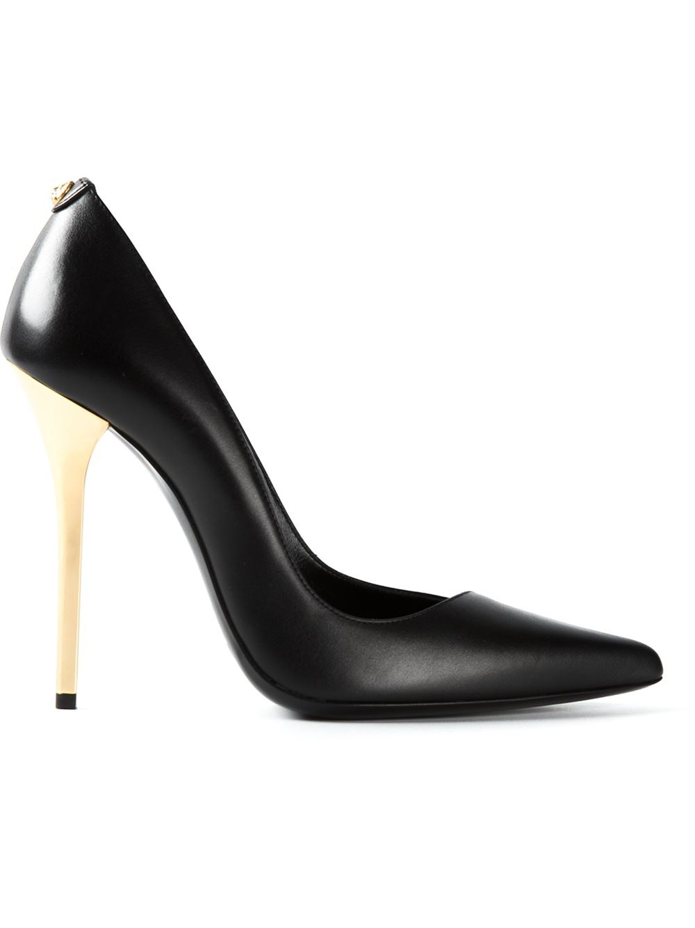 black stilettos with gold heels