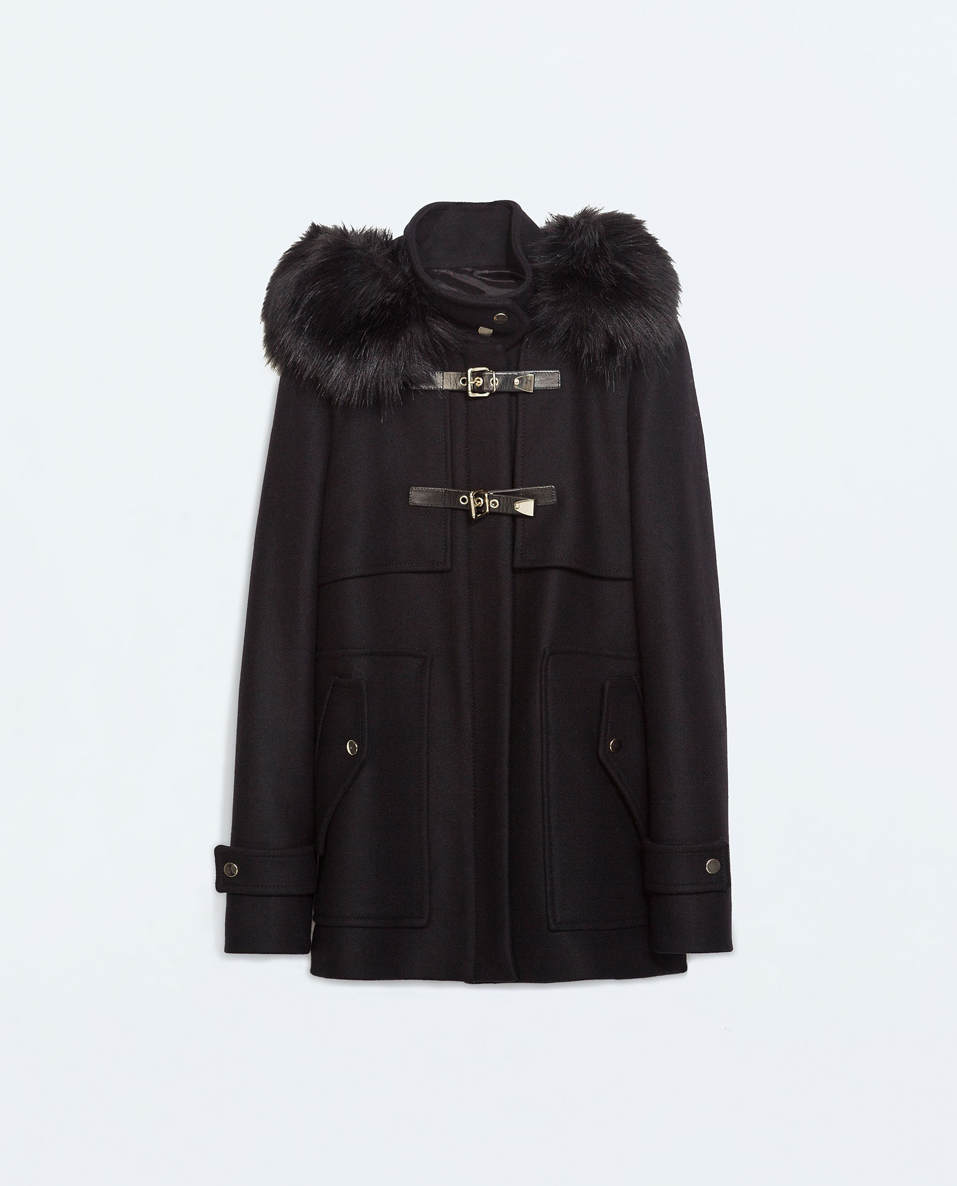 Zara Duffle Coat With Faux Fur Hood in Black | Lyst