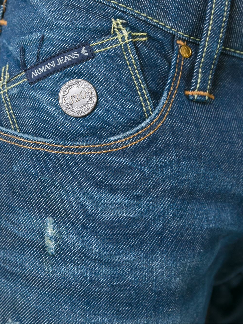 blue jeans with yellow stitching