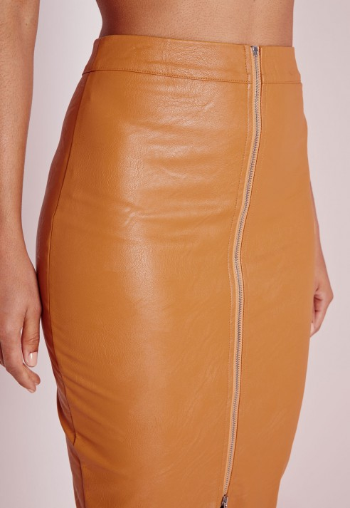 Lyst Missguided Faux Leather Zip Through Midi Skirt Mustard In Brown