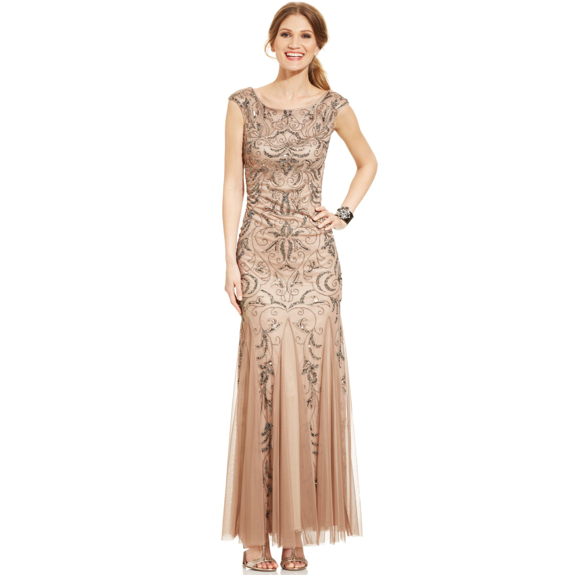 Adrianna Papell Capsleeve Beaded Mermaid Gown in Nude (Natural) - Lyst