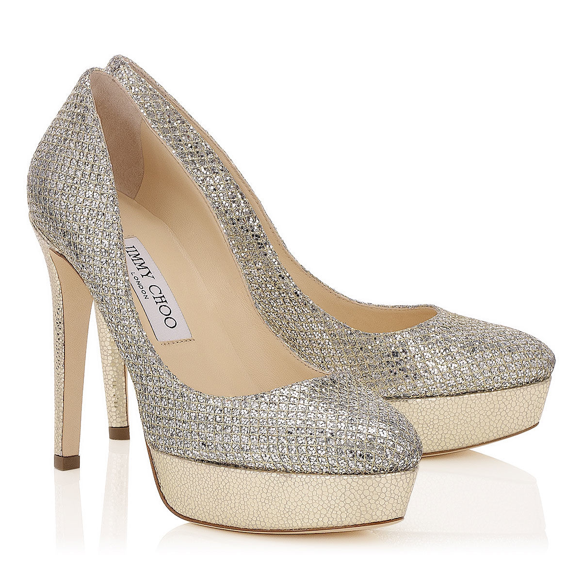 Jimmy Choo Alex Cosmic Glitter Platform Pumps in Champagne (Metallic ...