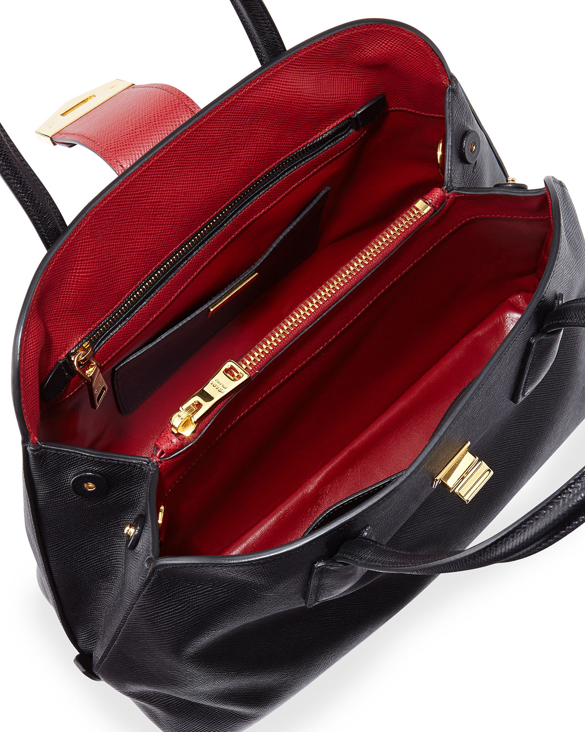 Prada Saffiano Cuir Bicolor Dome Satchel Bag in Black (Black/Red ... Prada Saffiano Cuir Bicolor Dome Satchel Bag in Black (Black/Red ...