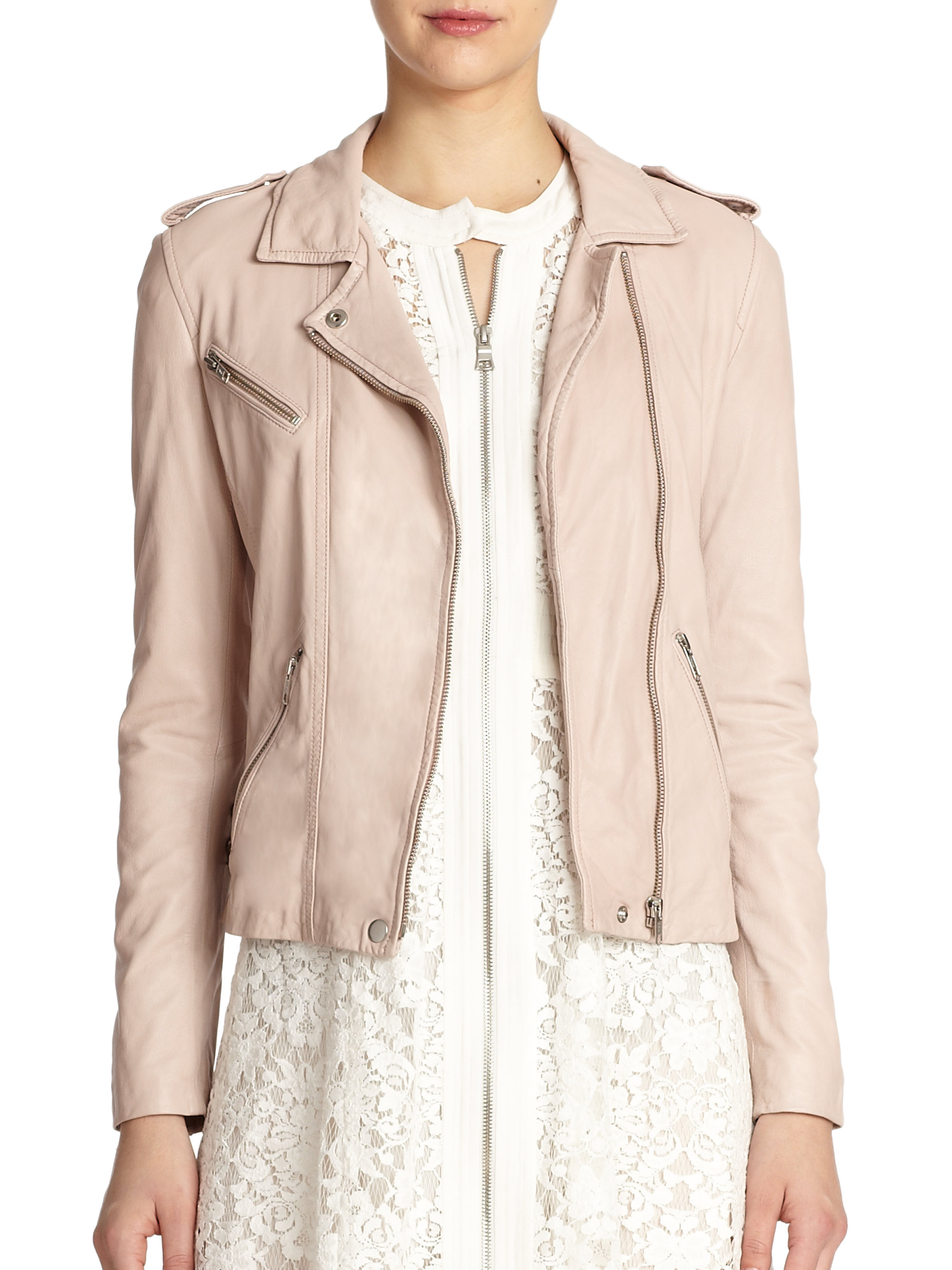 Rebecca Taylor Washed Leather Moto Jacket In Nude Natural