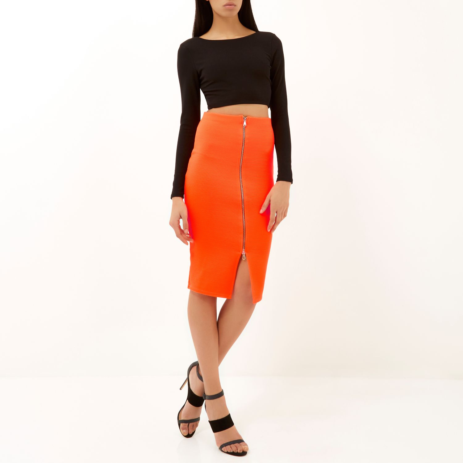River Island Bright Orange Zip Front Pencil Skirt | Lyst UK