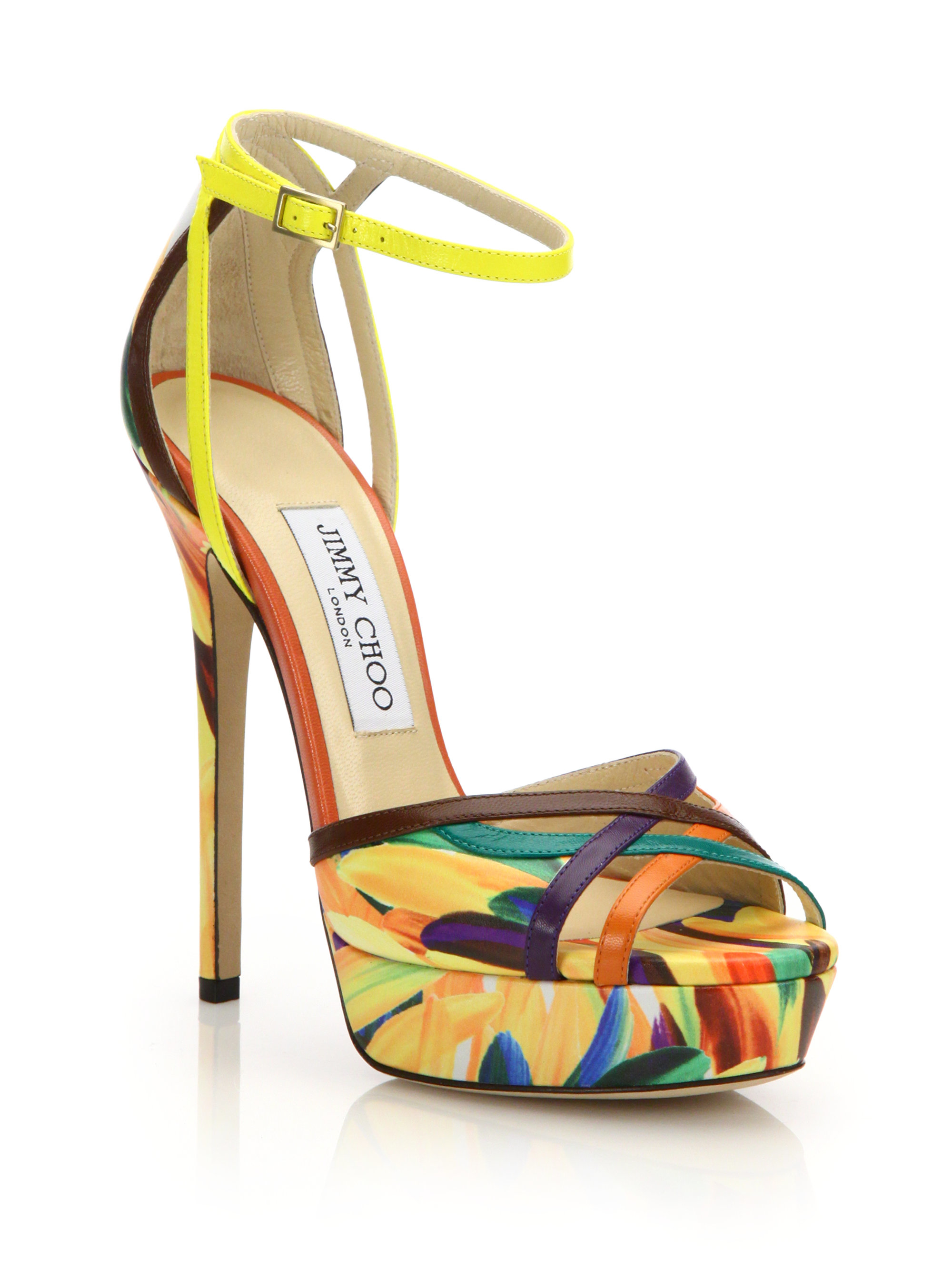 Jimmy Choo Laurita Feather Print Leather Platform Sandals In Yellow Lyst