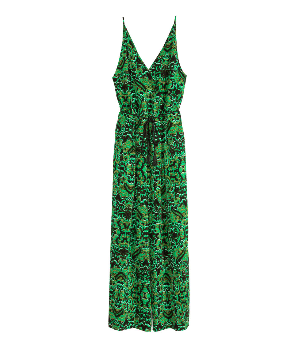 green patterned jumpsuit