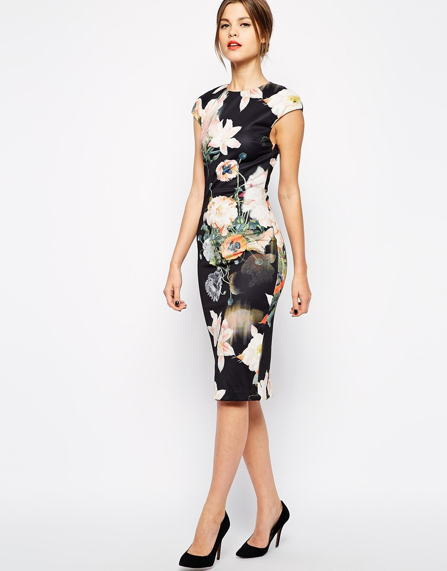 Ted Baker Midi Dress In Opulent Bloom Print In Black Lyst