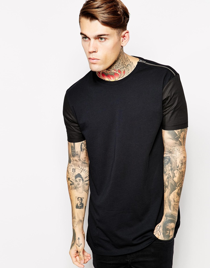 Asos T-Shirt With Shoulder Zip Detail And Woven Sleeve Skater Fit in ...