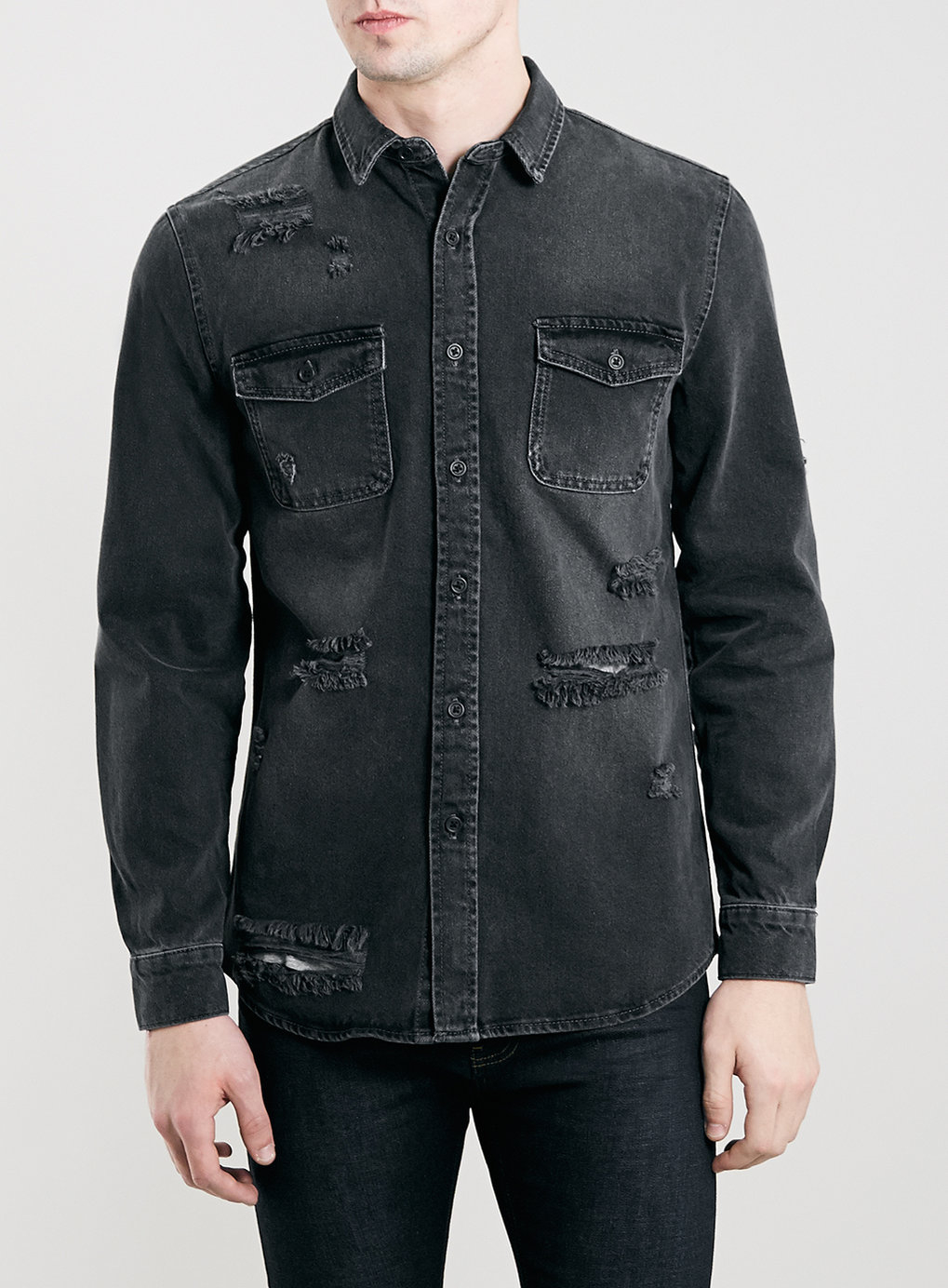 Lac Bk Ripped Denim Long Sleeve Shirt in Black for Men | Lyst