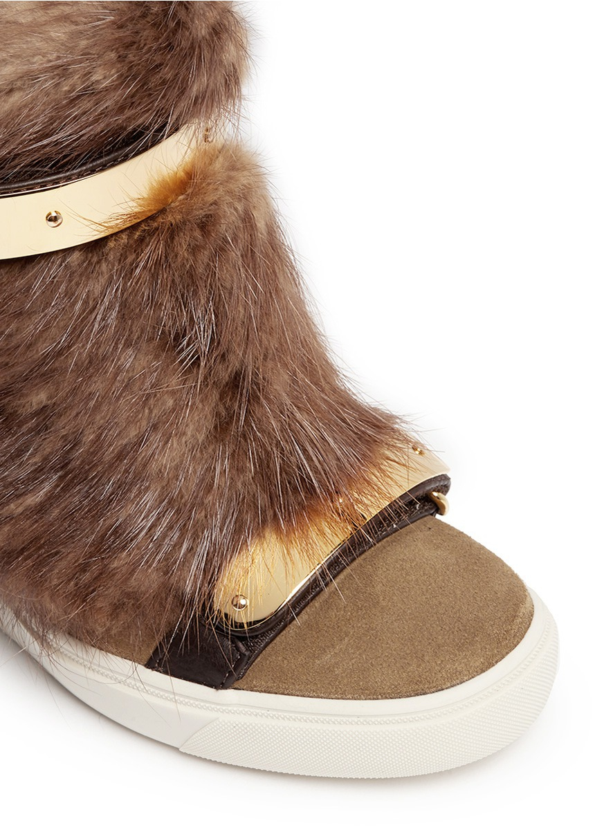 Giuseppe Zanotti Lorenz Fur Suede Wedge Sneakers In Brown Lyst 