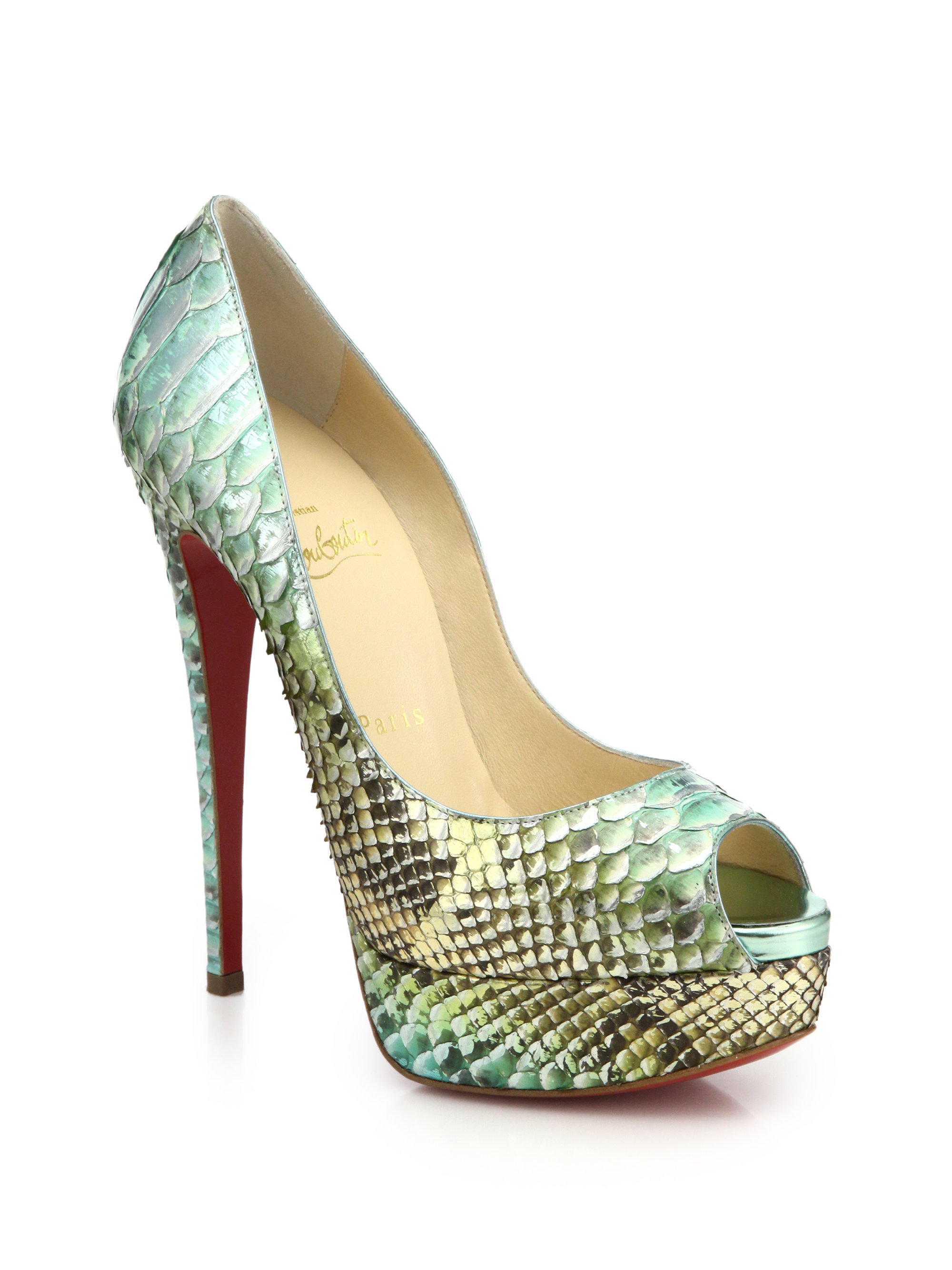 Christian Louboutin Lady Peep Python PeepToe Pumps in Green Lyst