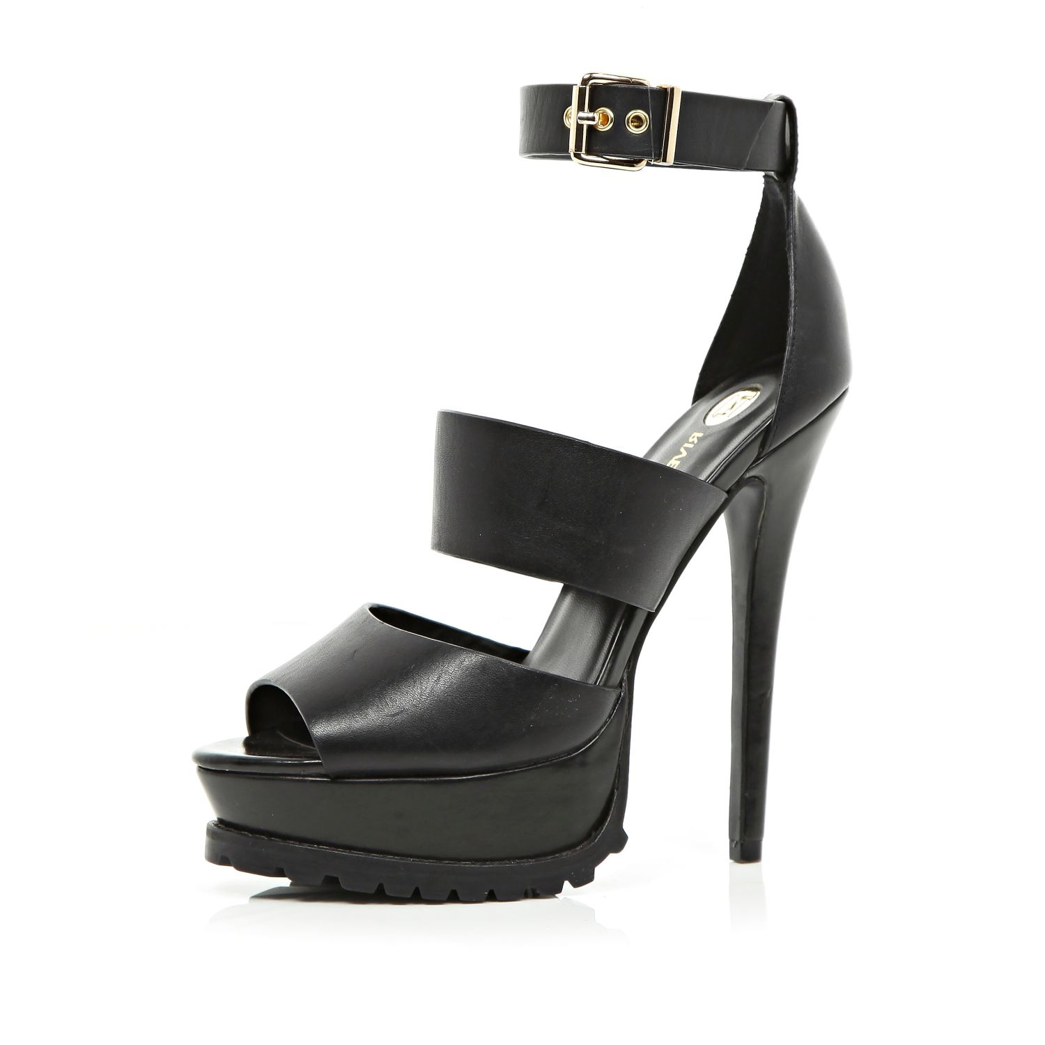 River Island Black Cleated Sole Platform Sandals in Black | Lyst