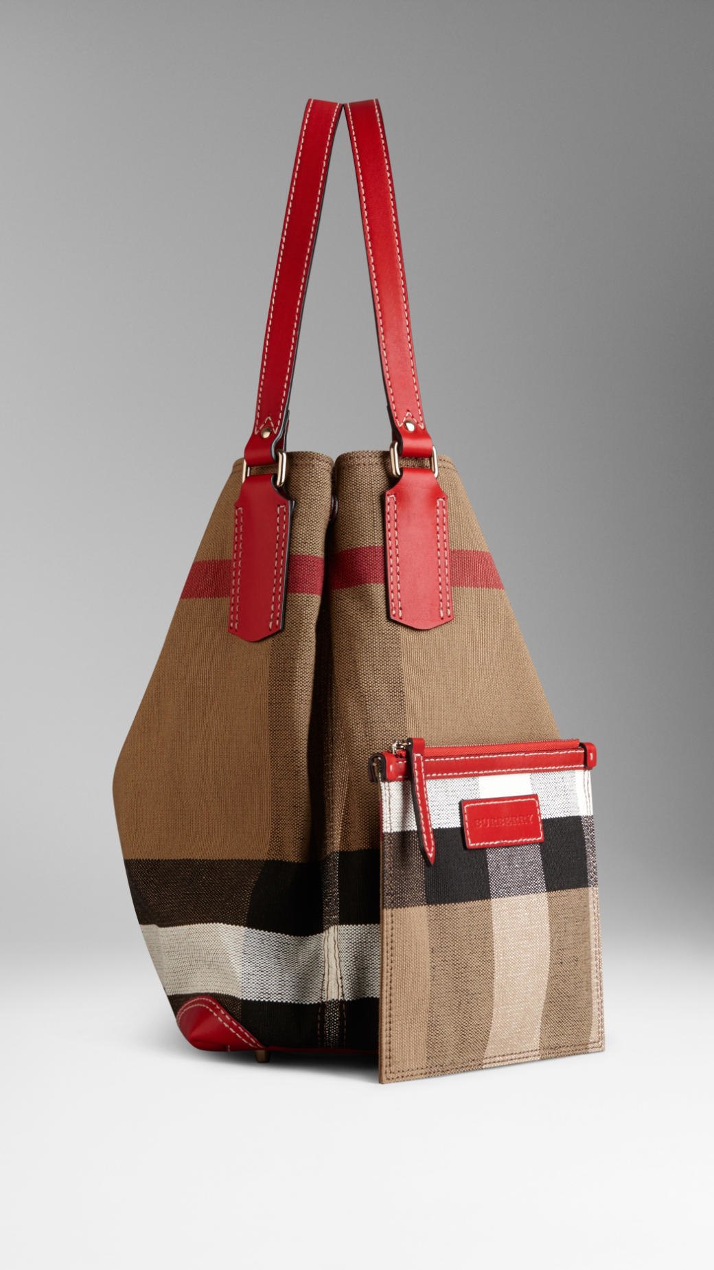 Burberry Medium Canvas Check Tote Bag in Red - Lyst