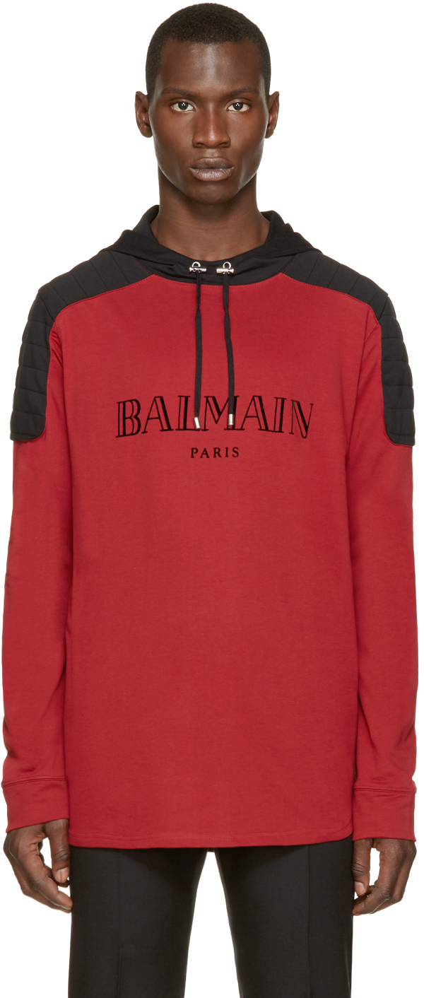 Balmain Red And Black Logo Hoodie for Men - Lyst
