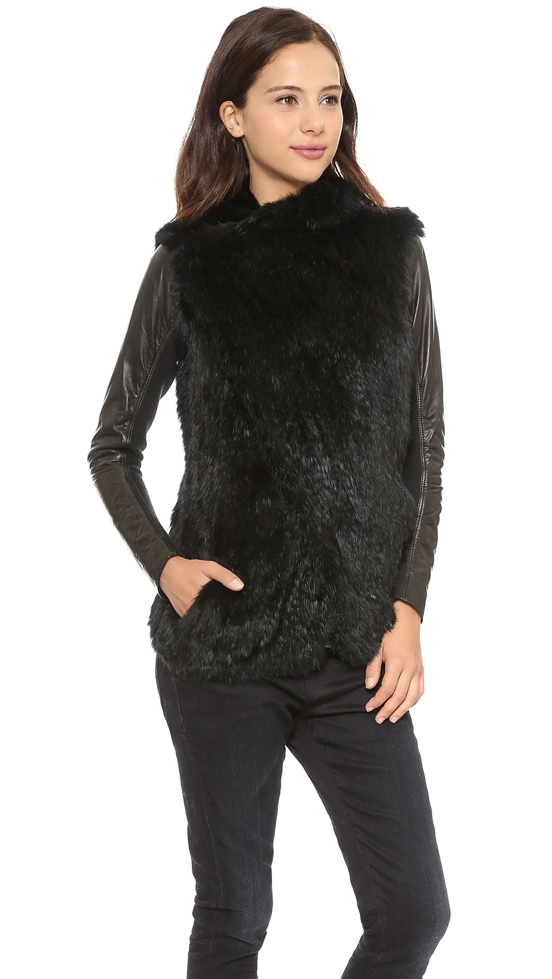 June Knit Fur Jacket With Leather Sleeves Black In Lyst Gallery
