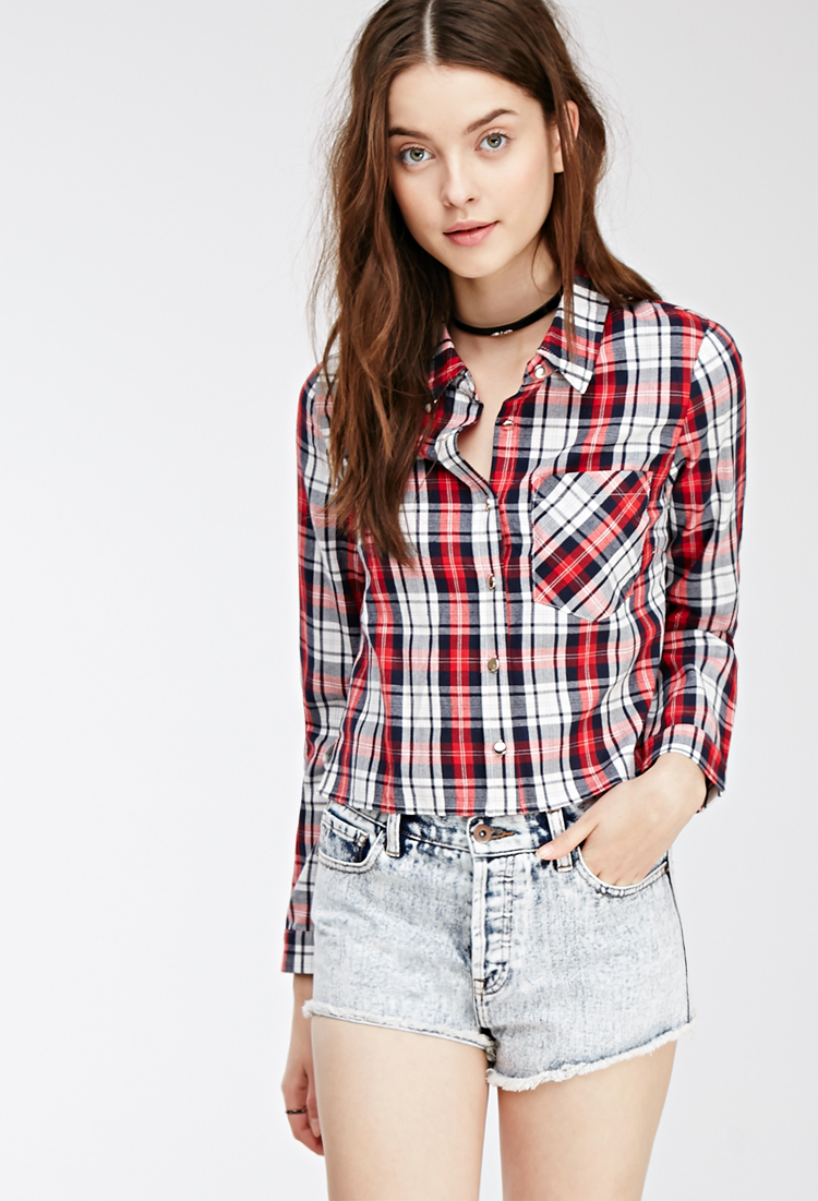 Forever 21 Cropped Western-inspired Plaid Shirt in Red | Lyst