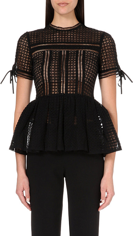 Self-portrait Broderie Anglaise Peplum Top in Black | Lyst