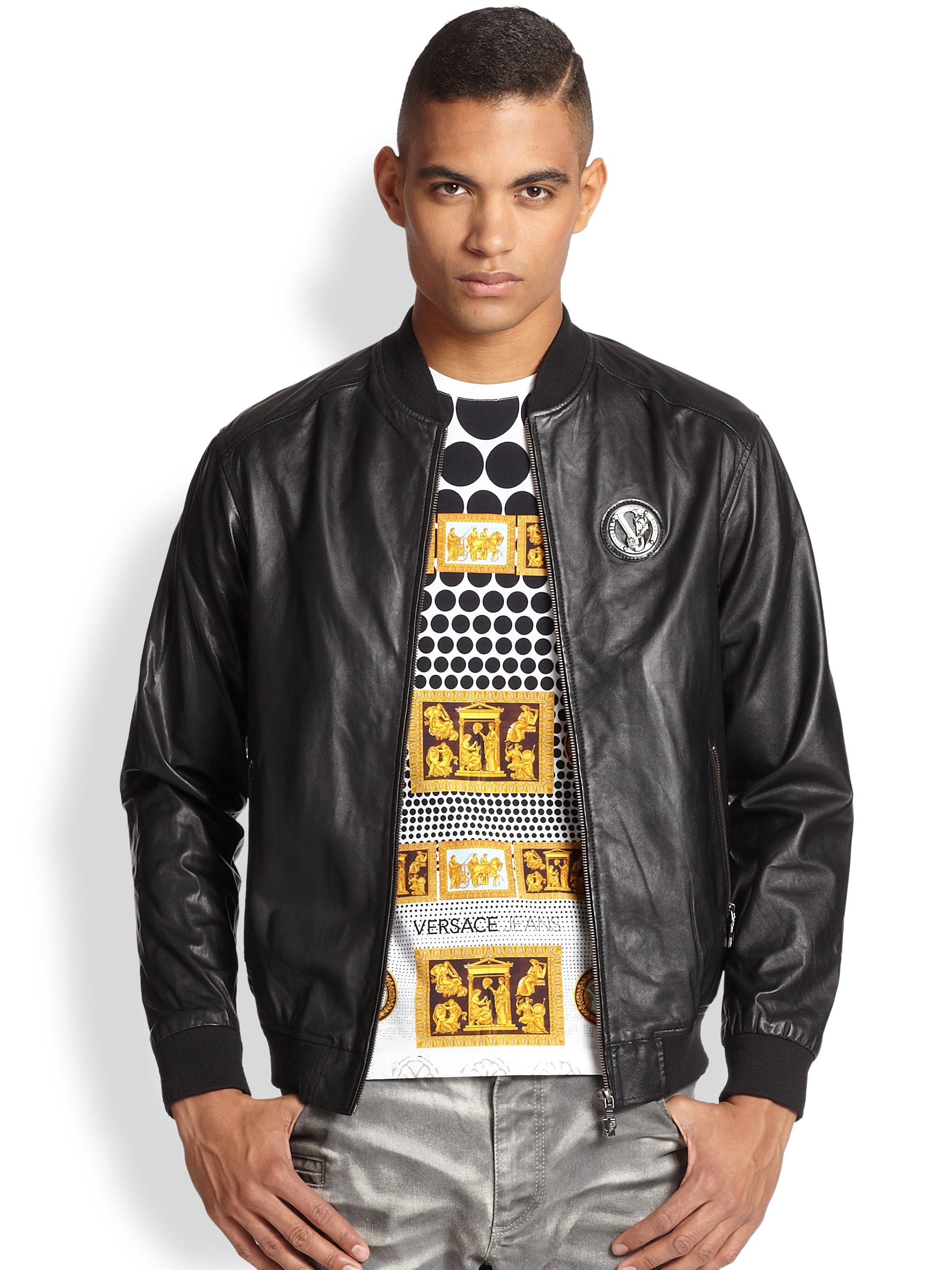 Versace jeans Leather Bomber Jacket in Black for Men | Lyst