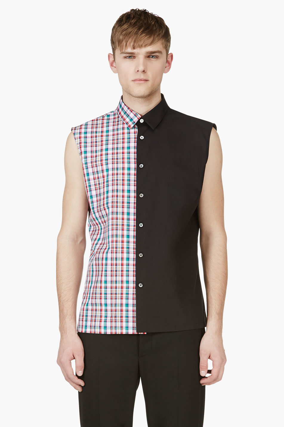 Lyst Raf Simons Black Plaid Panel Sleeveless Shirt in Black for Men