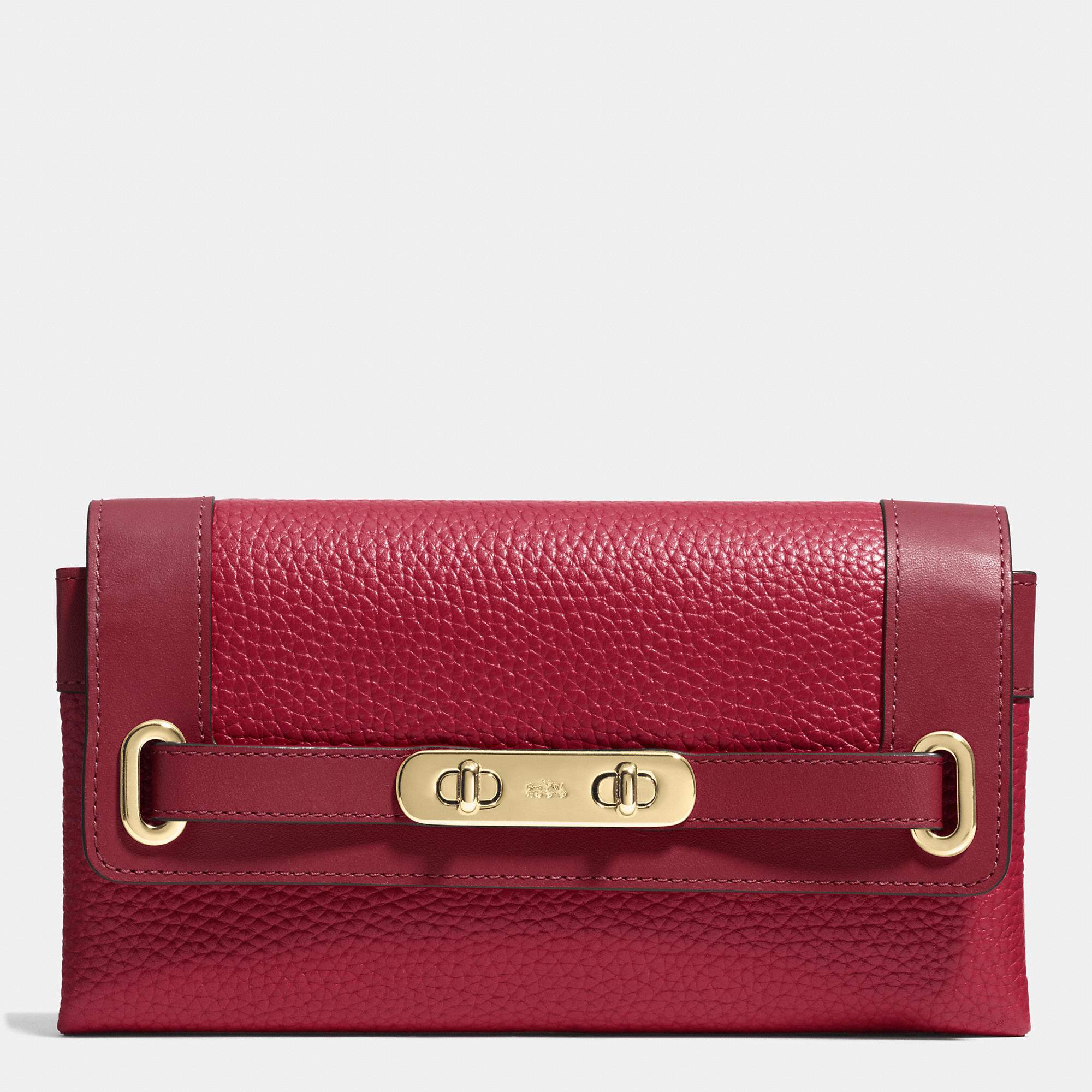Coach Swagger Wallet In Pebble Leather in Red (LIGHT GOLD/BLACK CHERRY)