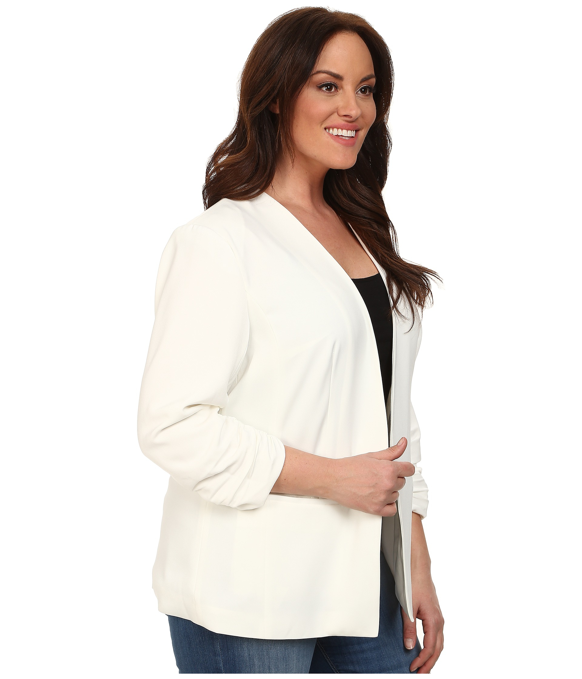 Dkny Plus Size Open Front Ruched Sleeve Blazer in White (Ivory) Lyst