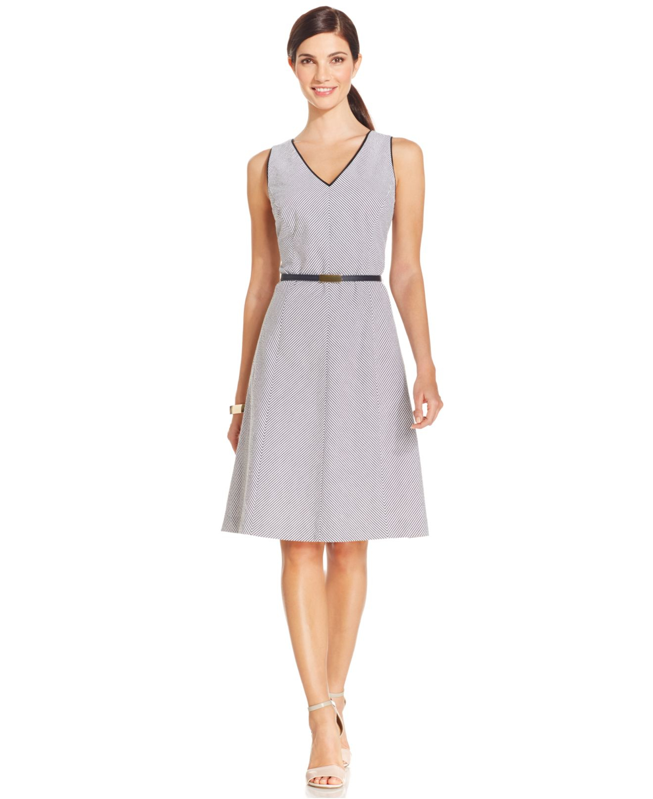 Womens Striped Dress Classic V-neck Sleeveless Belted Dress9.89