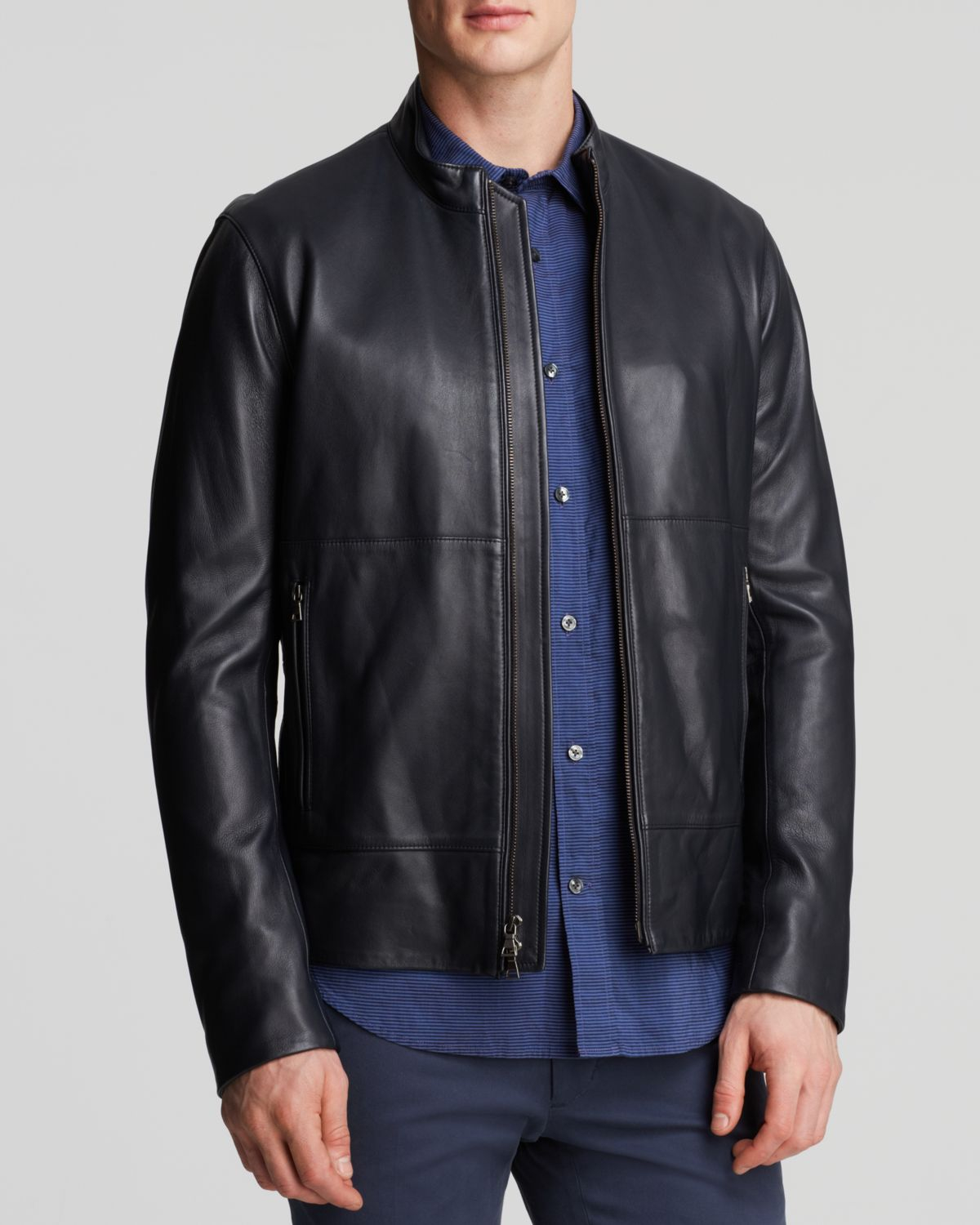 Vince Mixed Media Varsity Leather Jacket in Blue for Men | Lyst