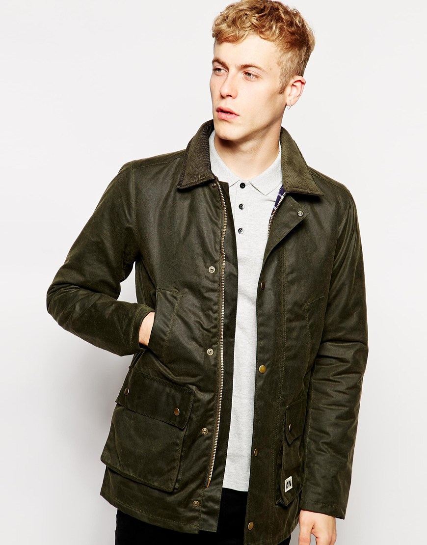 Brixtol Waxed Jacket With Cord Collar in Olive (Green) for Men - Lyst
