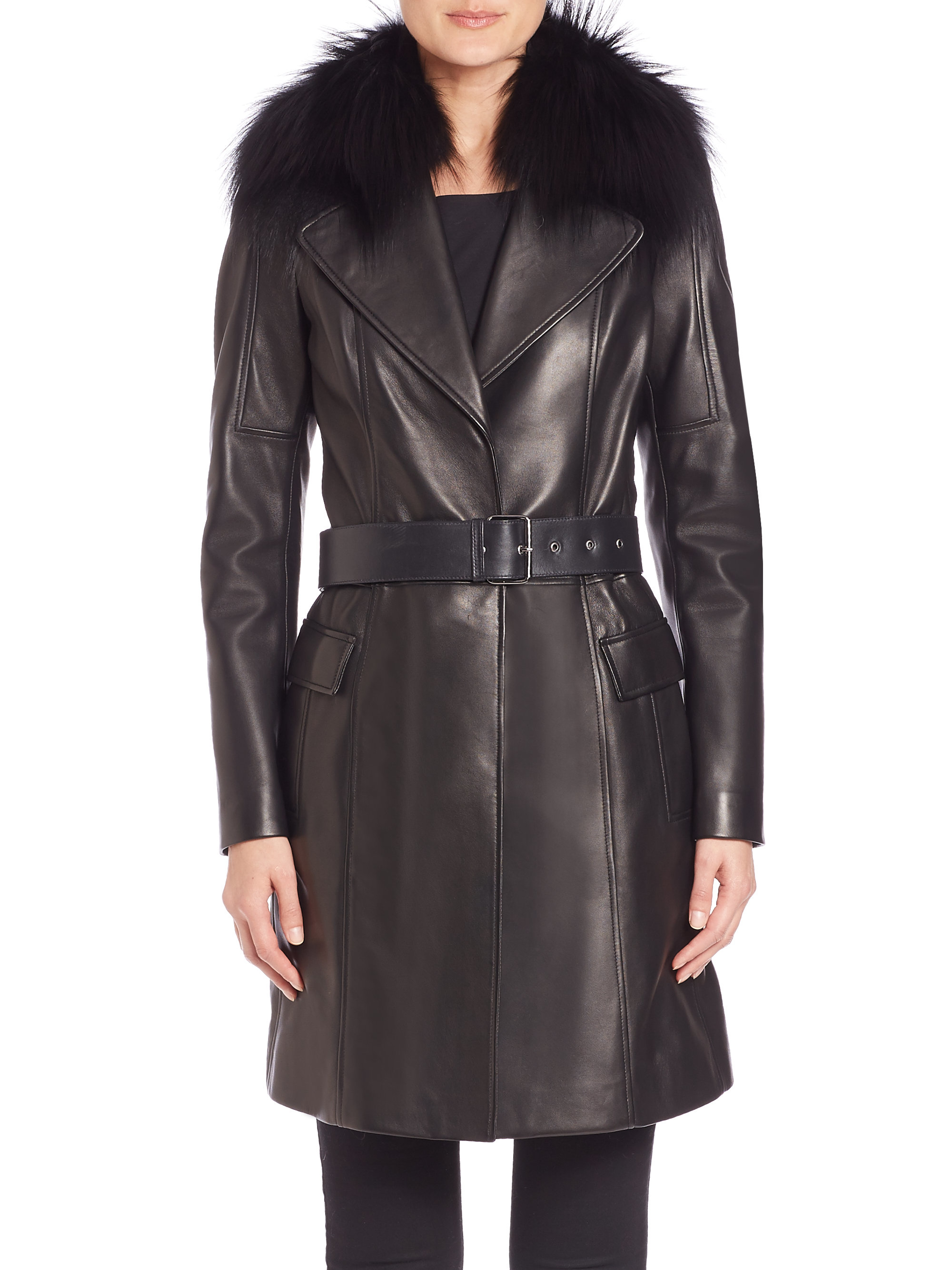 Lyst - Saks Fifth Avenue Fur-collar Leather Coat in Black