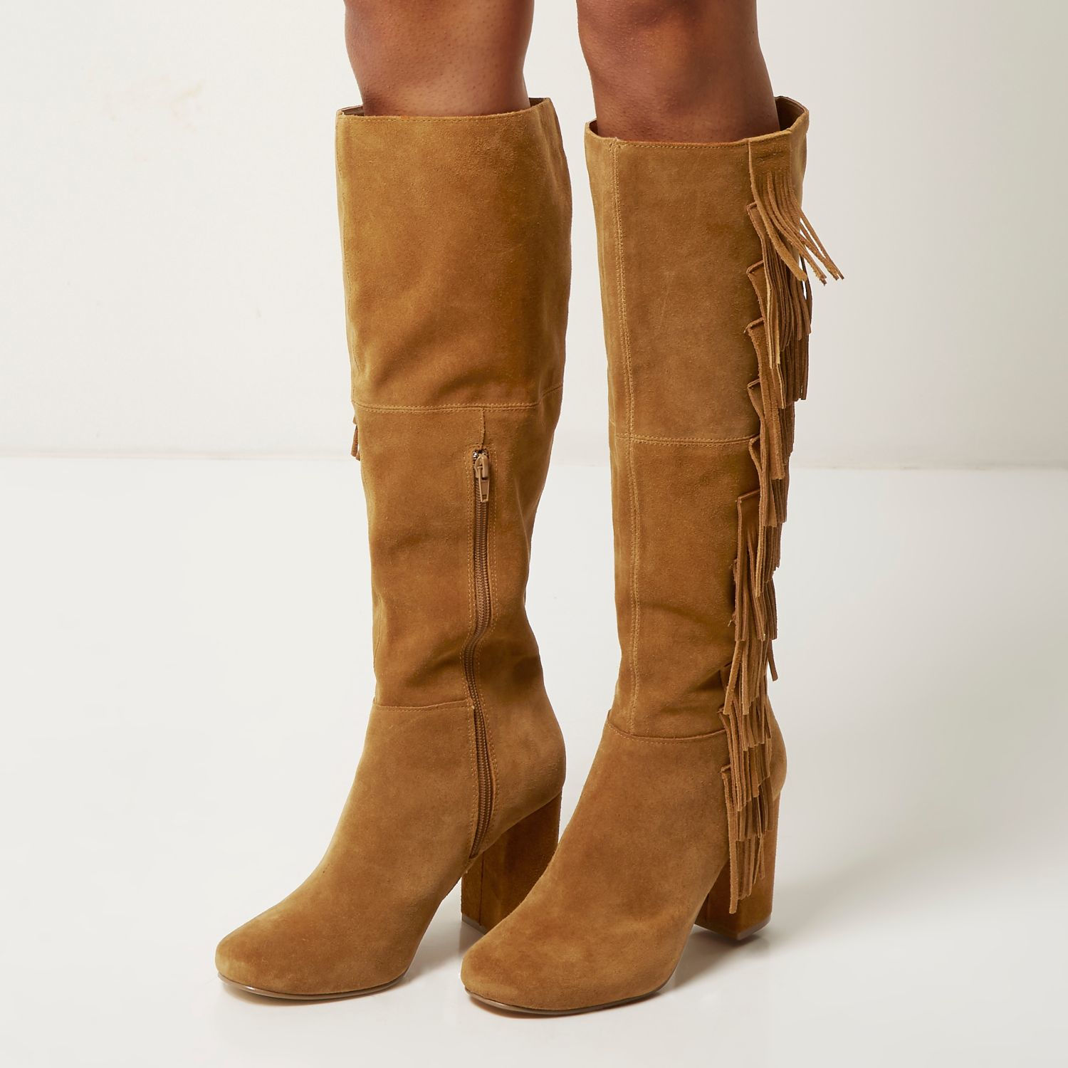 River Island Tan Suede Fringed Knee High Heeled Boots in Blue - Lyst