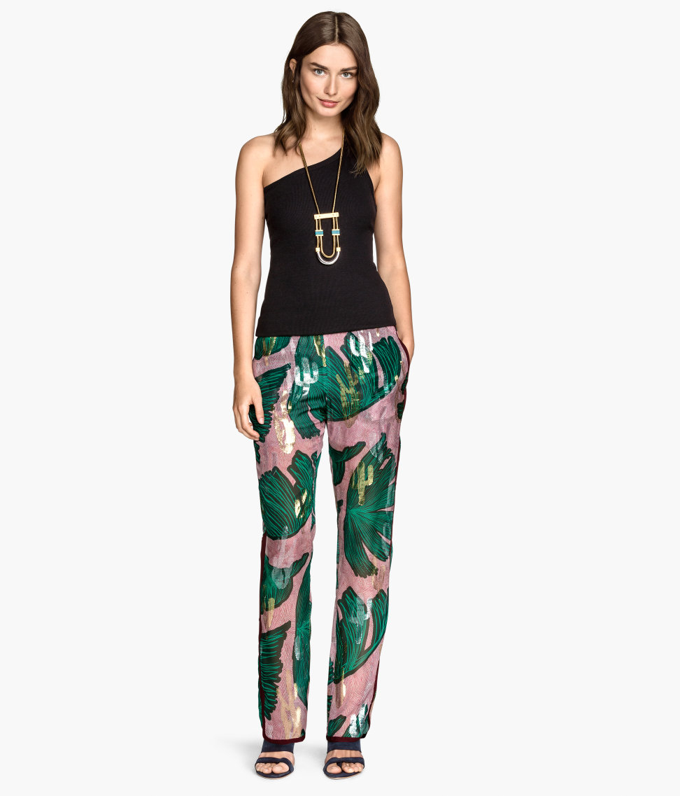 H\u0026M Patterned Silk Trousers in Burgundy 