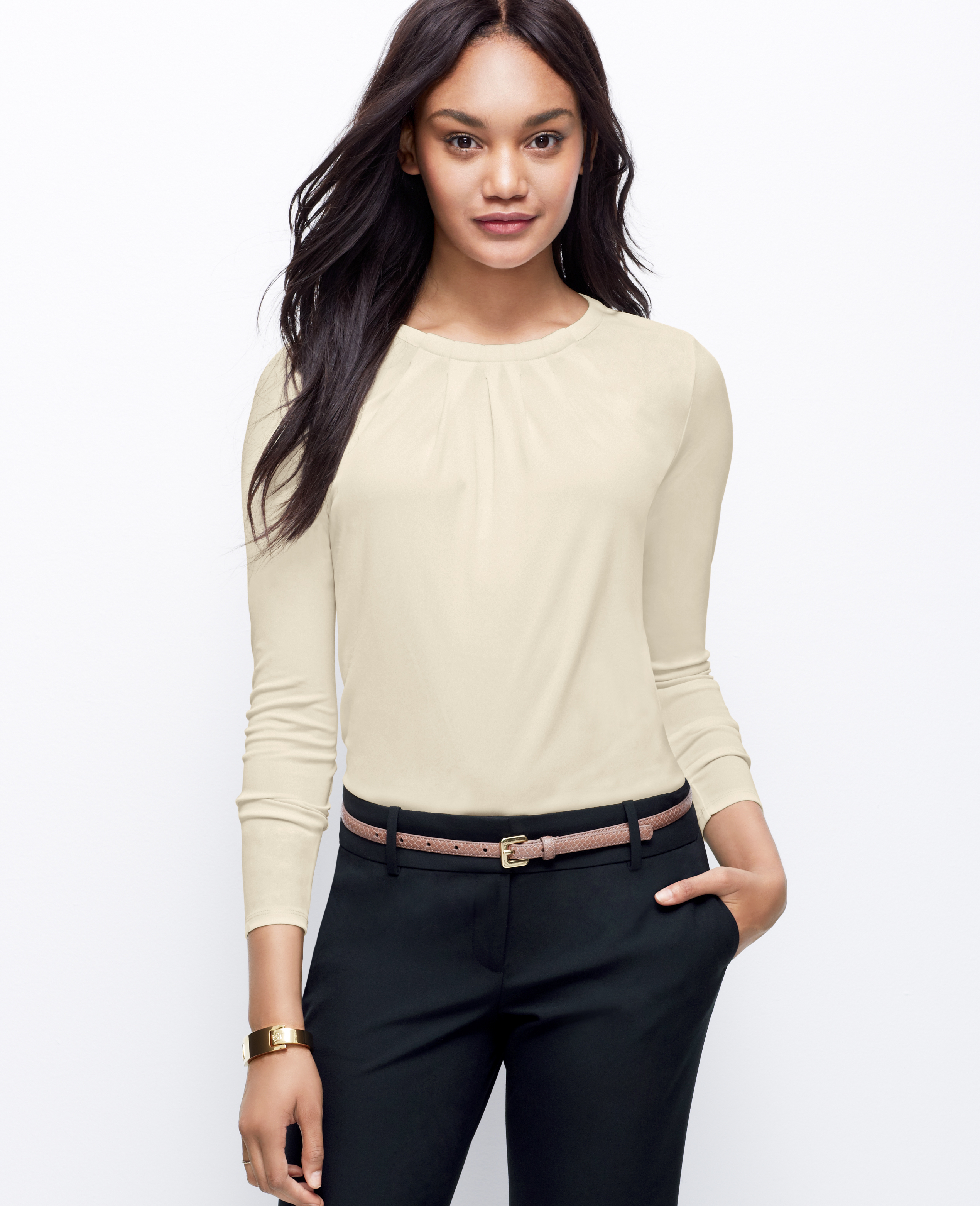 Ann taylor Petite Pleated Long Sleeve Top in Beige (Warm Ecru) Lyst