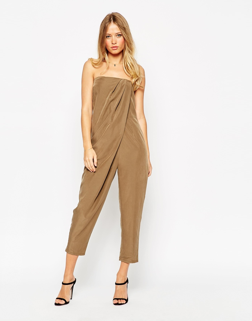 Asos Bandeau Drape Jumpsuit In Khaki Lyst asos bandeau drape jumpsuit in khaki lyst