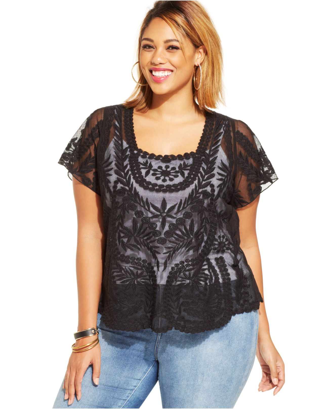 Jessica Simpson Plus Size Kinley Flutter-Sleeve Lace Top in Black - Lyst