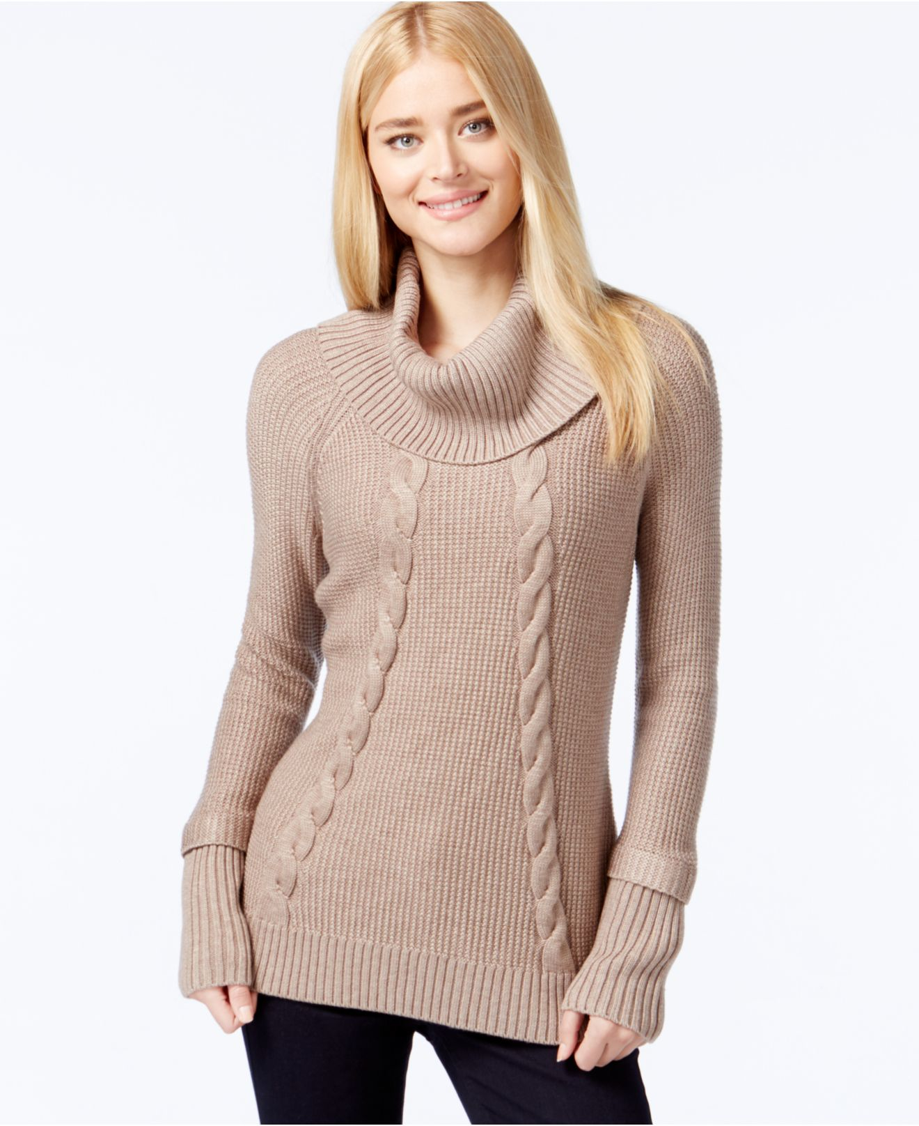 cowl neck mock button cable knit knitwear