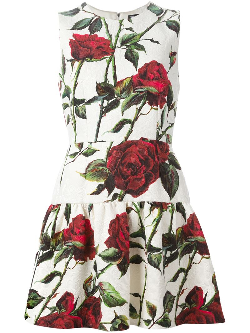 Dolce & Gabbana Rose Print Brocade Dress in White - Lyst