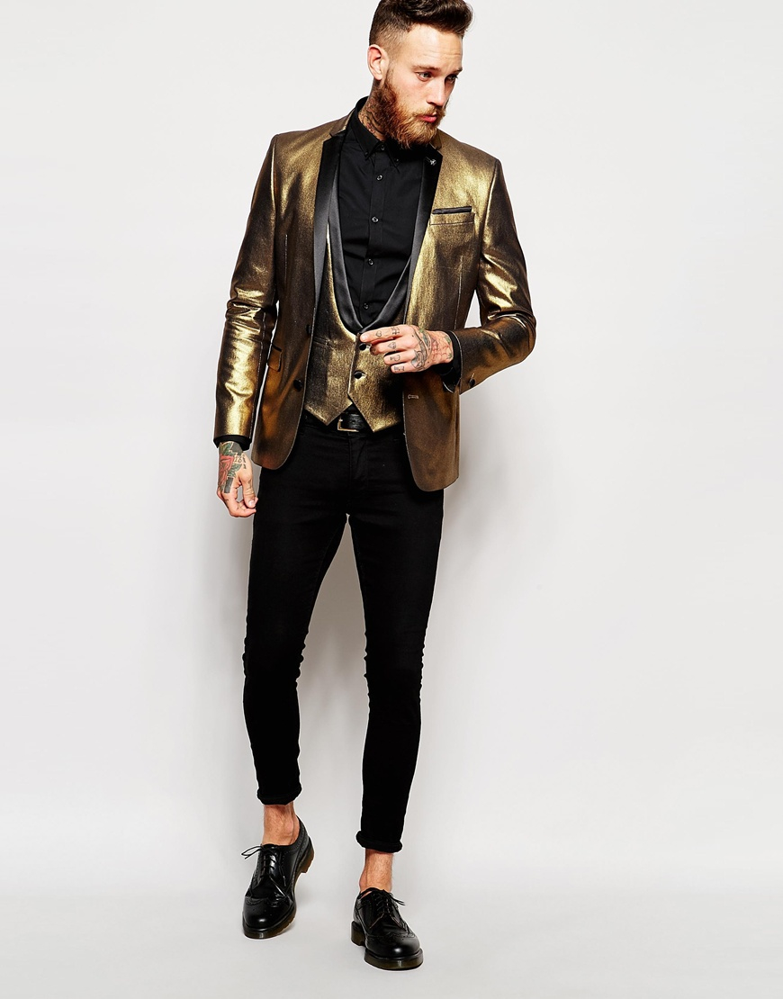 ASOS Super Skinny Blazer In Gold Velvet in Black for Men | Lyst