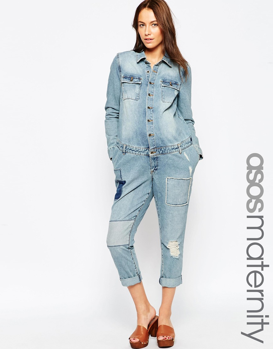 Asos Maternity Denim Utility Jumpsuit In Vintage Wash With Patches In 1286