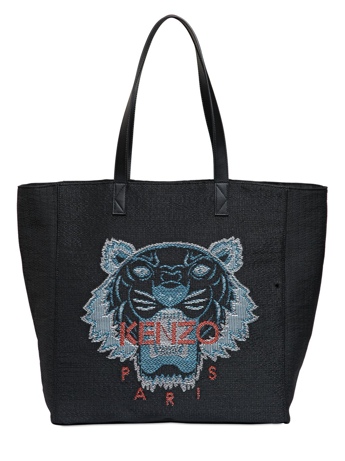 KENZO Tiger Woven Straw & Leather Tote Bag in Black - Lyst
