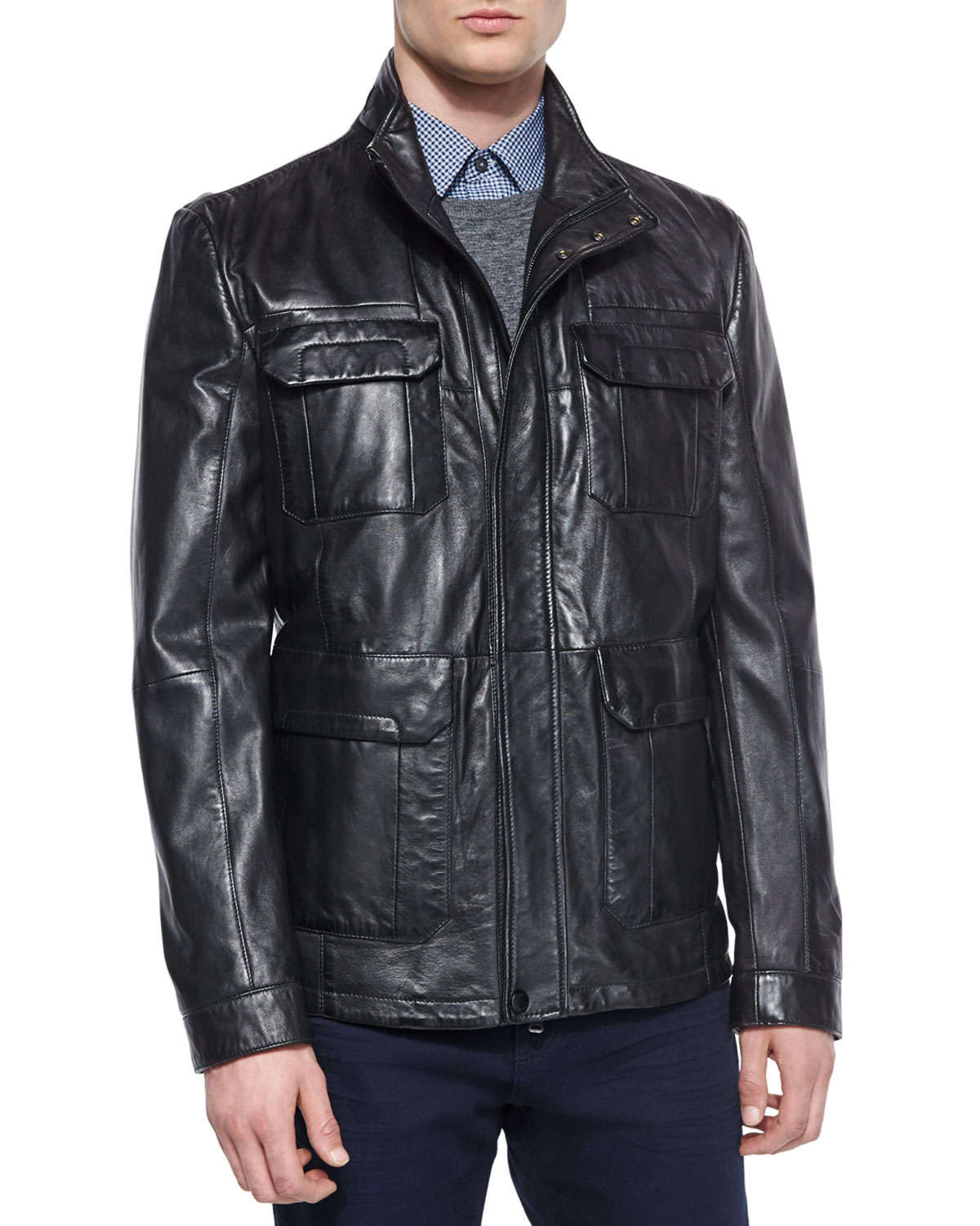 BOSS Leather Field Jacket in Black for Men - Lyst
