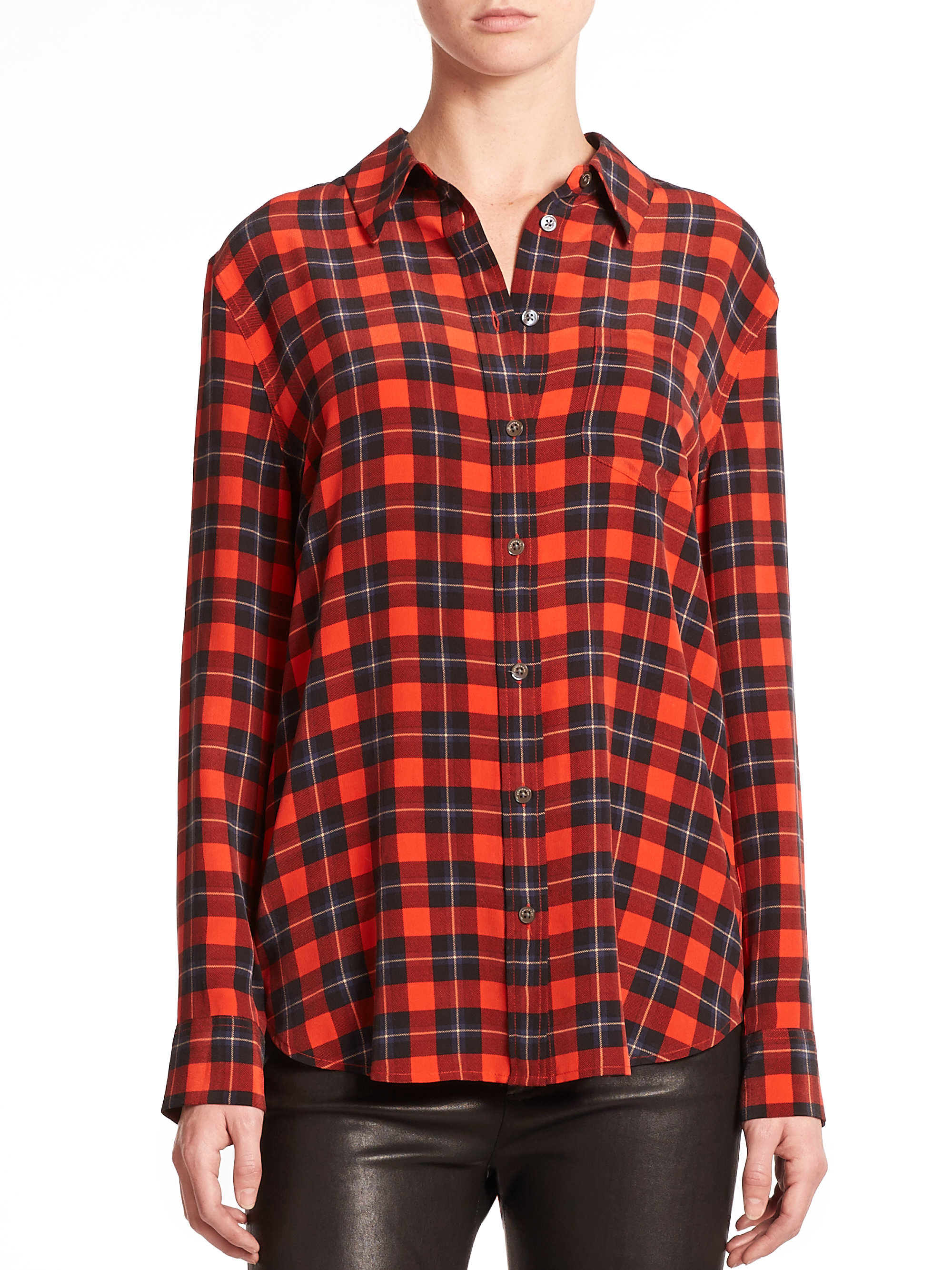Equipment reese single pocket plaid silk blouse