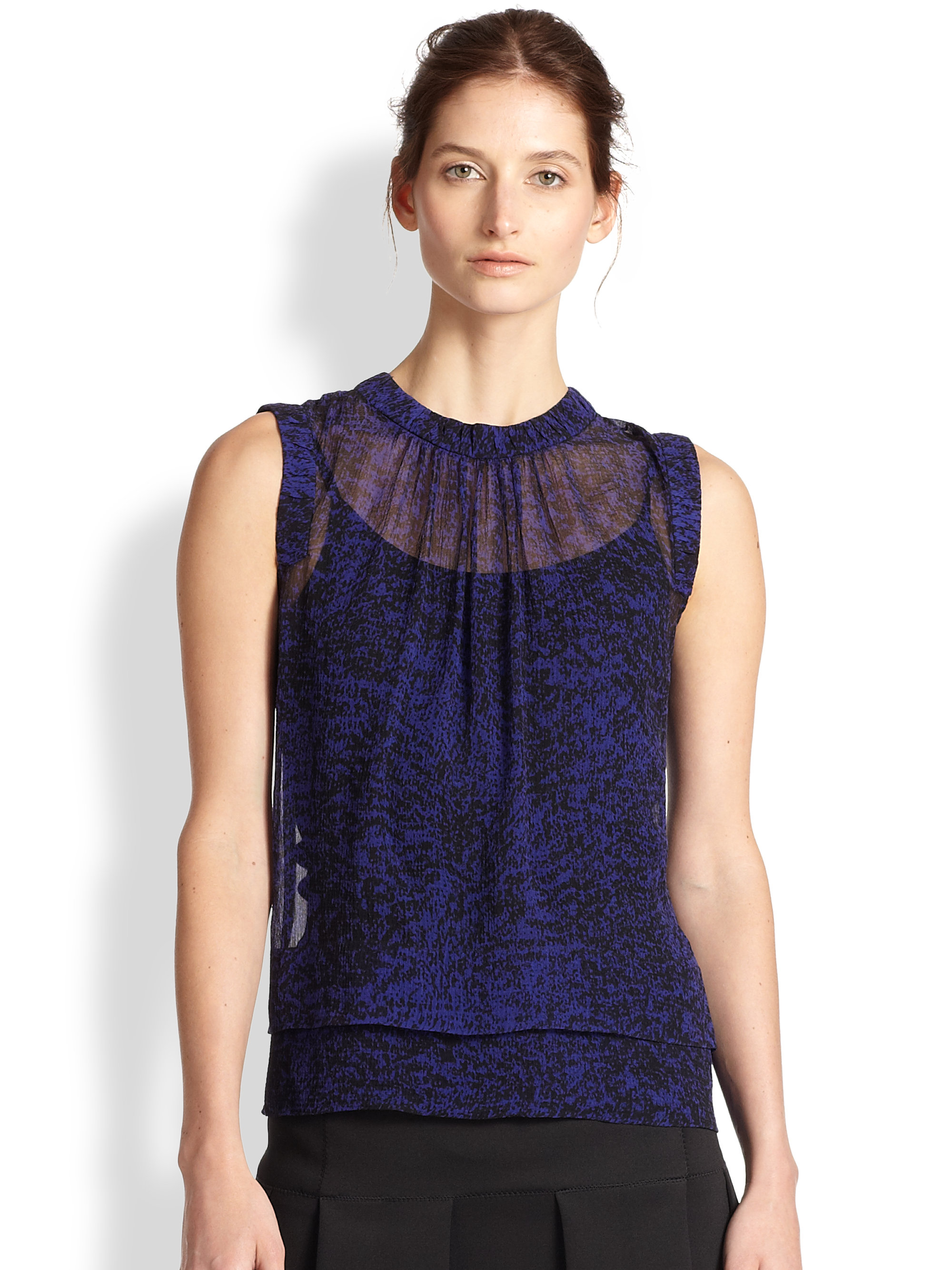 Lyst Rebecca Taylor Sheer Printed Silk Top in Blue