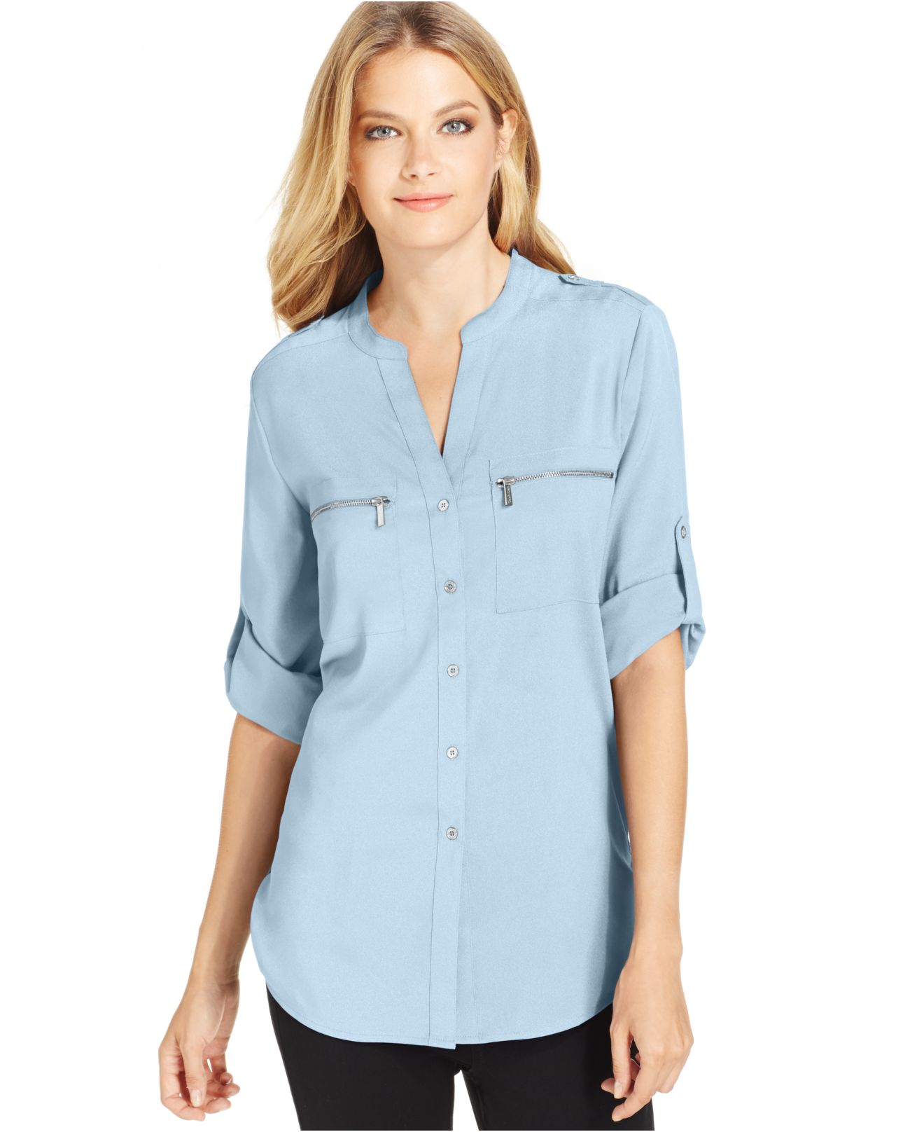 Calvin Klein Roll-tab-sleeve Zip-pocket Blouse in Blue (Cool Blue) | Lyst
